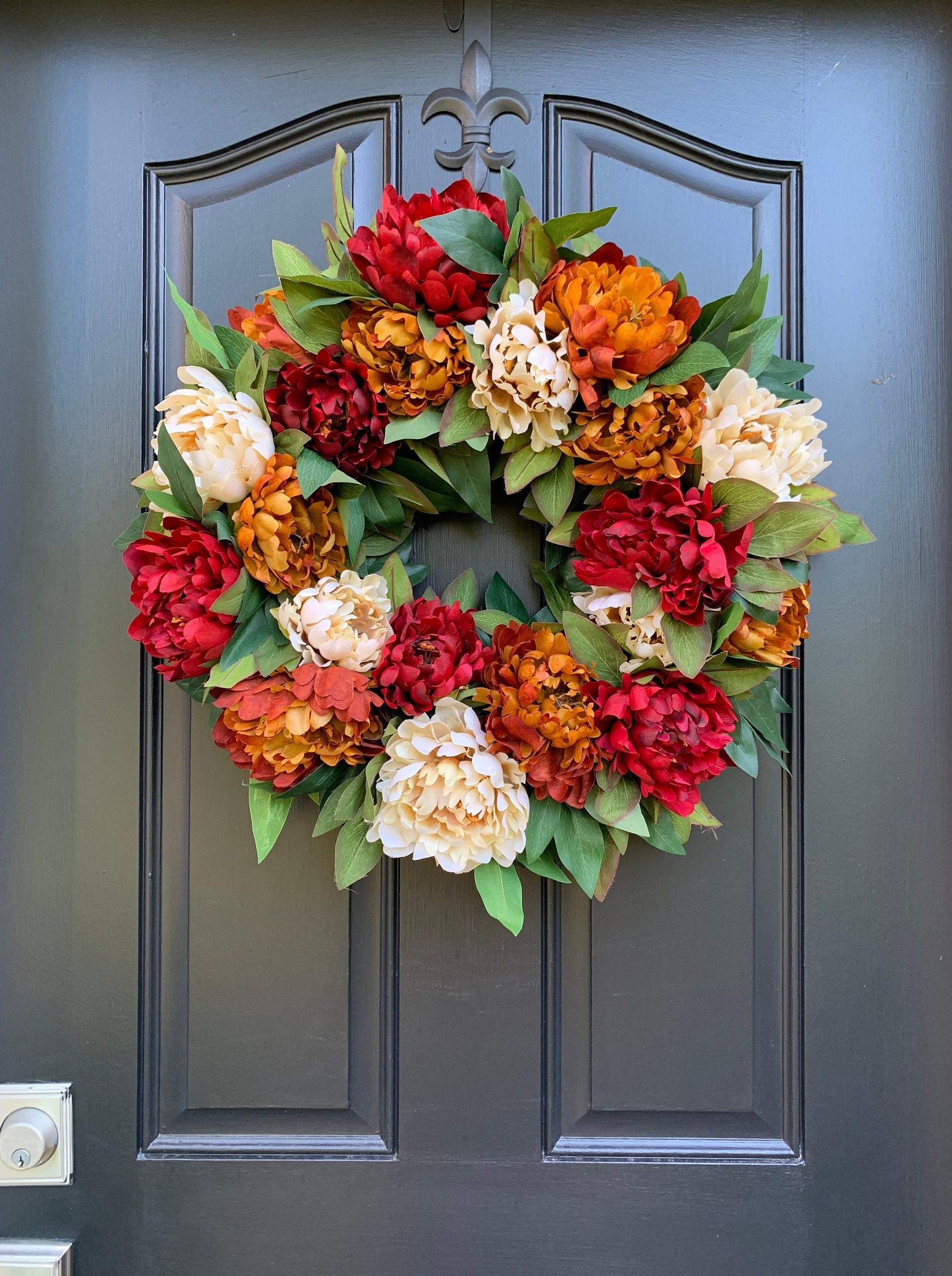 Red, gold and cream peony wreath
