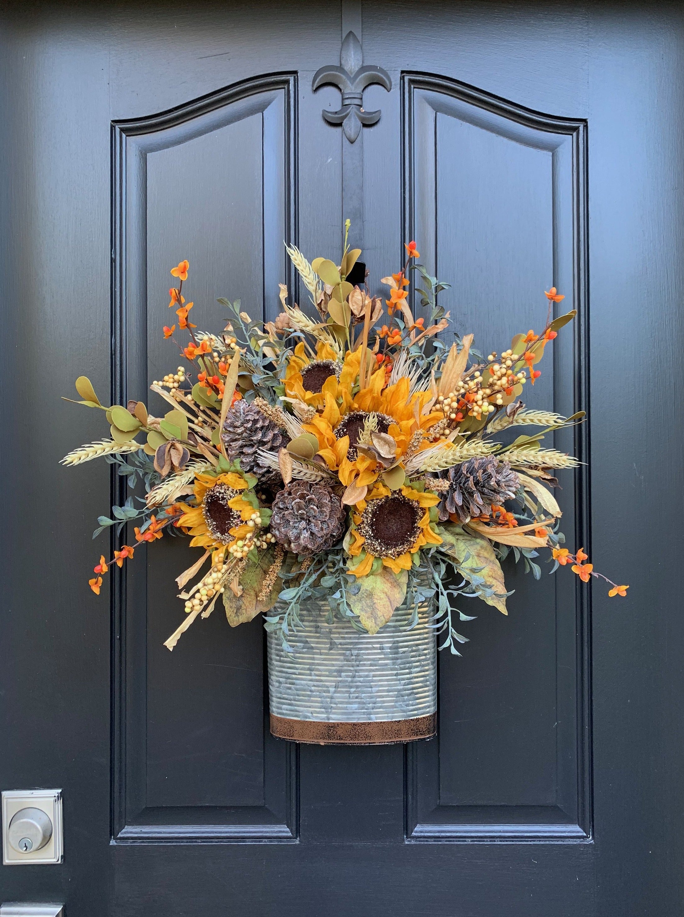 Fall Sunflower and Pinecone Bucket Wreath 