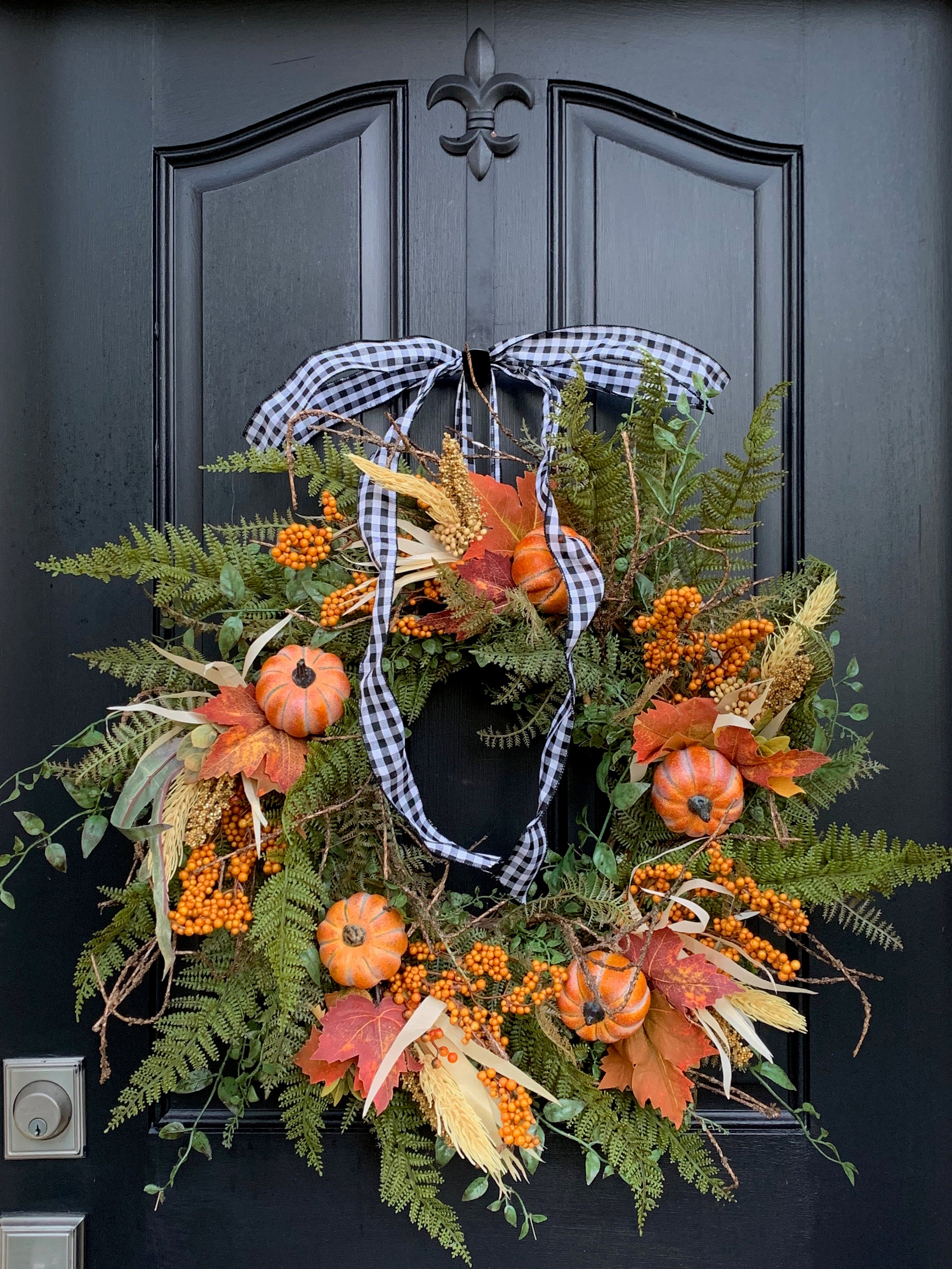 Autumn Fern, Wheat and Pumpkin Wreath
