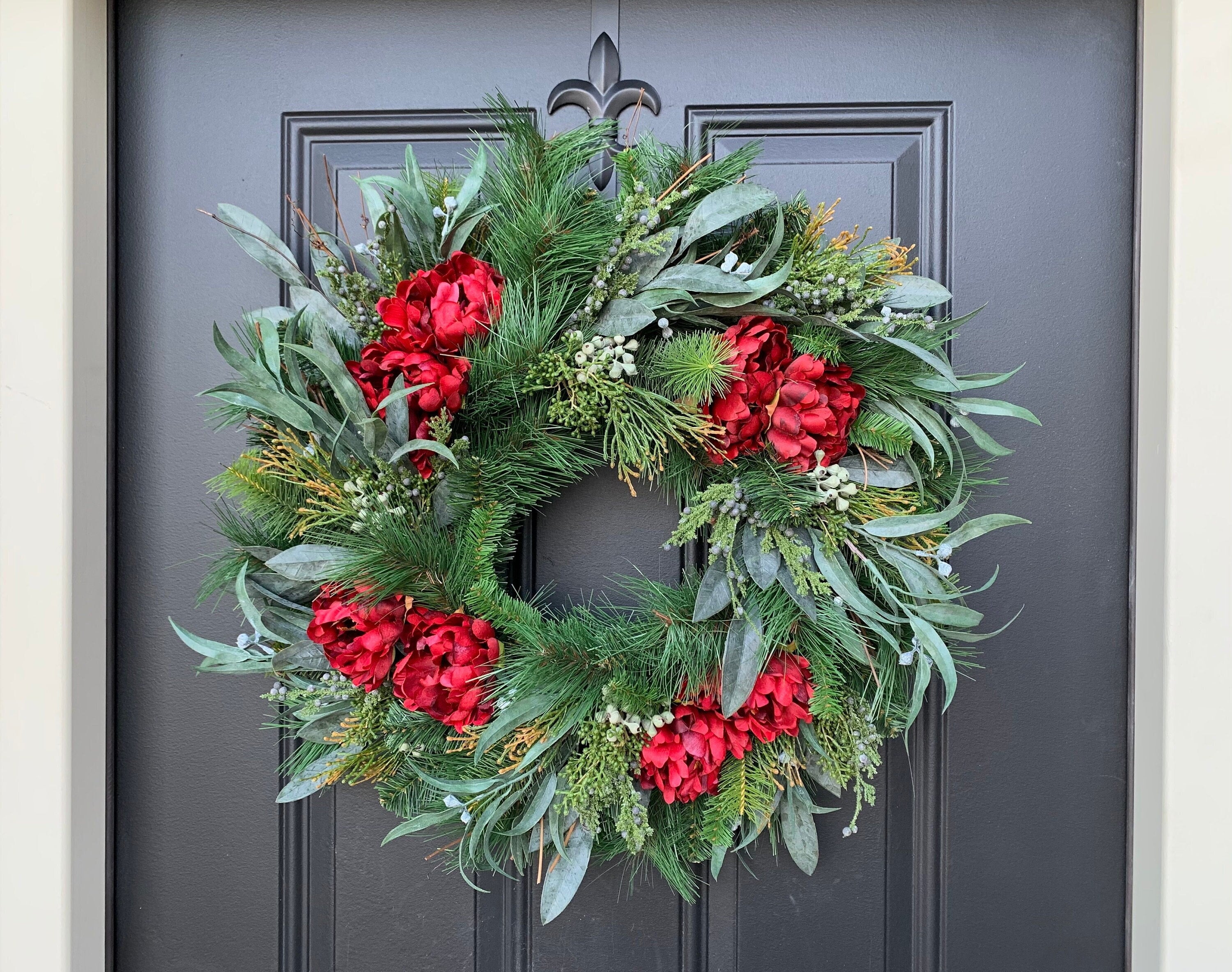 Christmas Red Peony and Pine Wreath