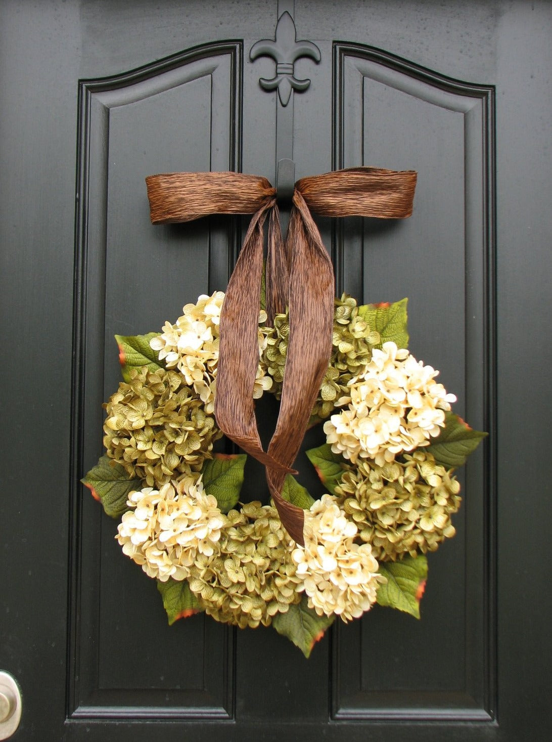 Green and White Hydrangea Wreath with Brown Ribbon