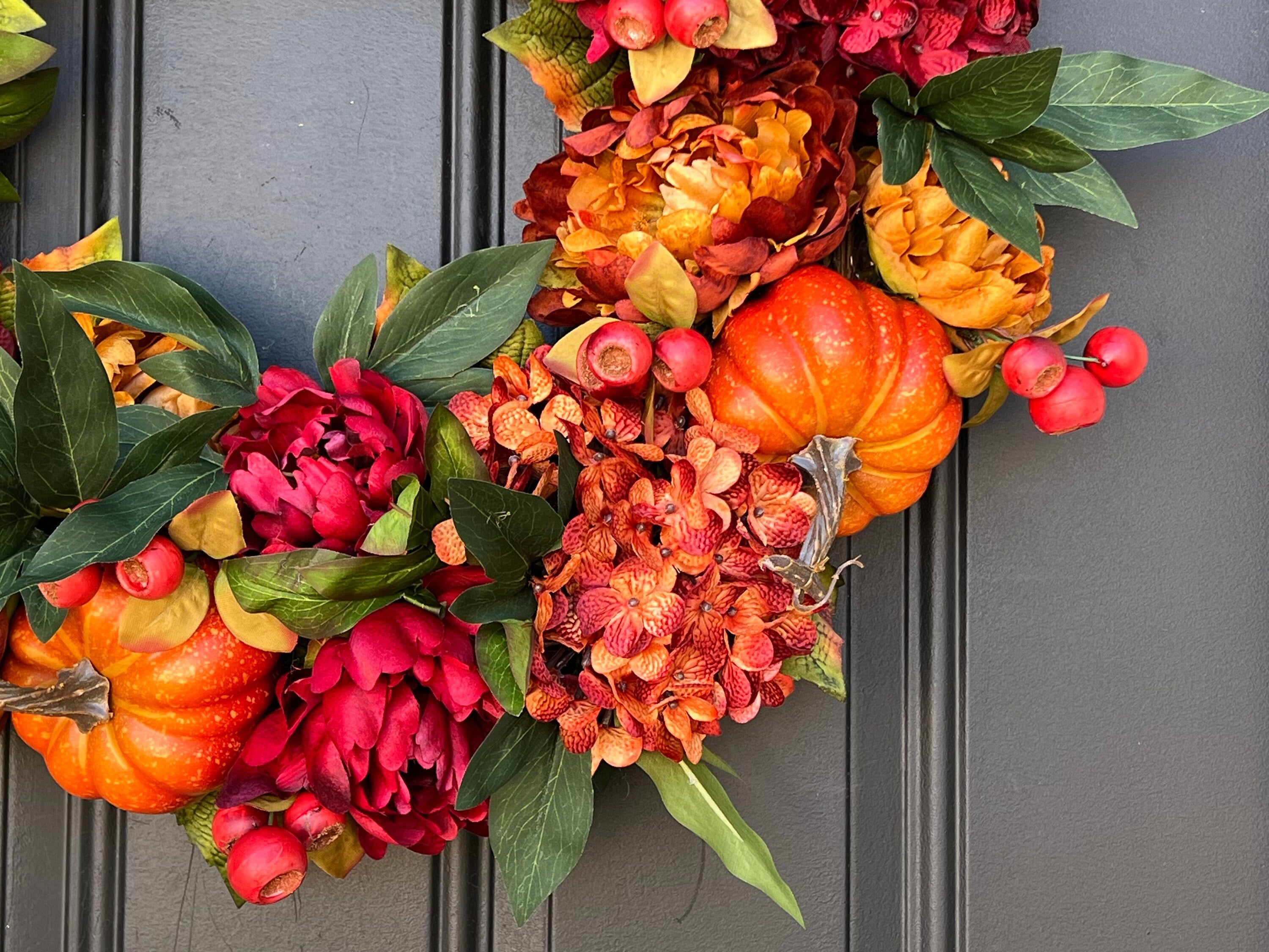 Autumn Sunset Wreath with Fall Hydrangeas, Peonies and Pumpkins