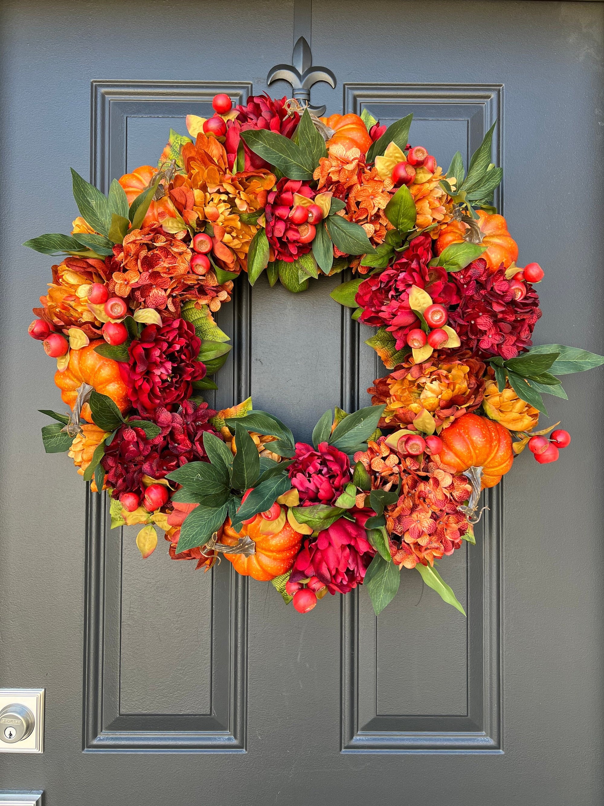 Autumn Sunset Wreath, Fall Hydrangea and Peony Wreath with Pumpkins, Ready to Ship