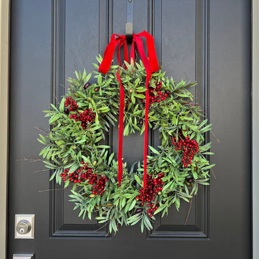 Olive Branch Wreath with Red Berries and Red Velvet Ribbon, 22" Diameter