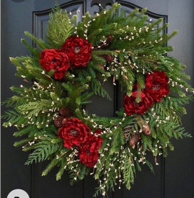 NEW Christmas Pine Wreath, Winter Evergreen Wreath, Winter Red Peony Wreaths