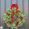 Olive Branch Wreath with Red Berries and Red Velvet Ribbon, 22" Diameter