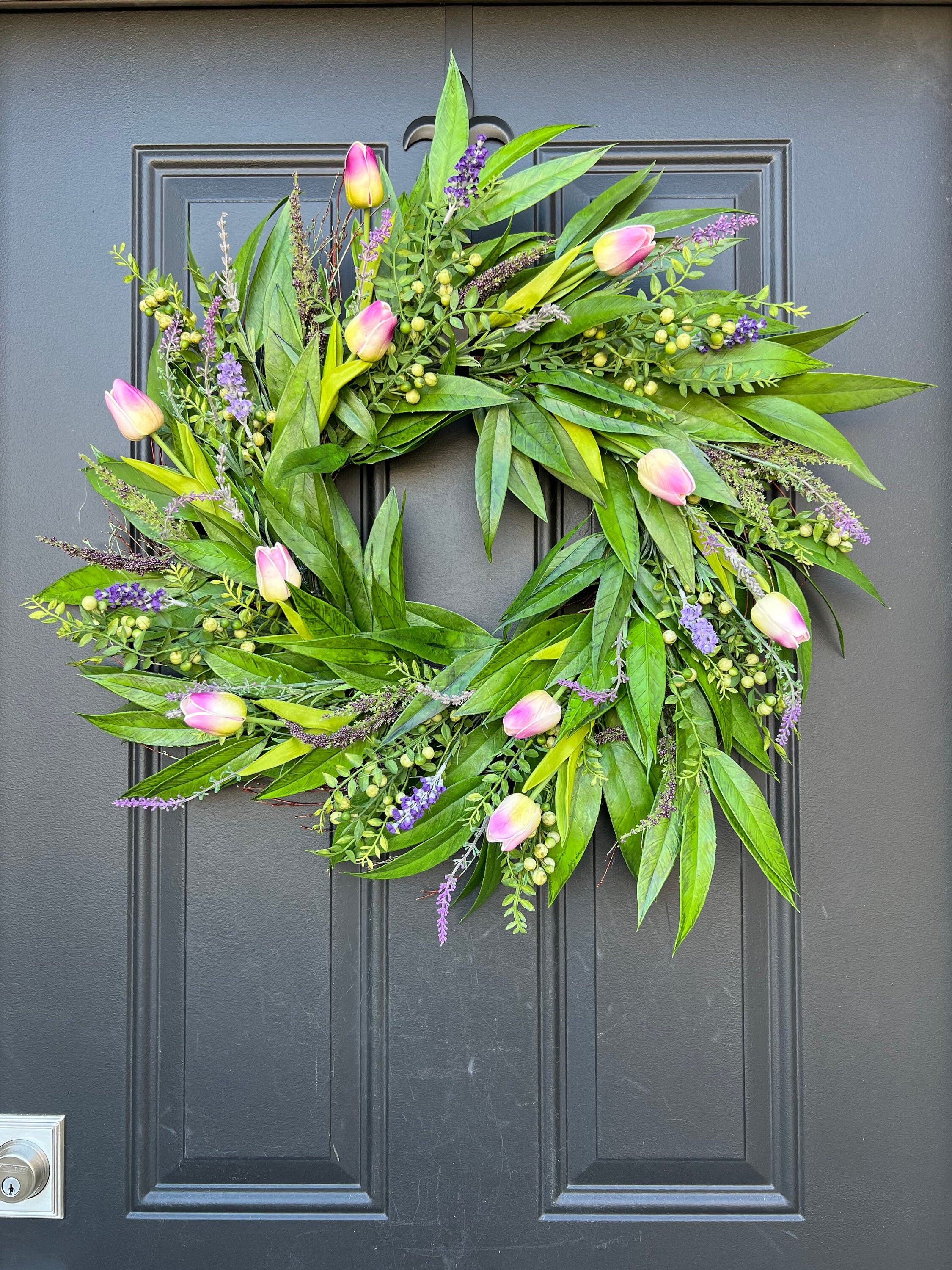 Spring Tulip, Willow and Wildflower Wreath with Bay Leaf