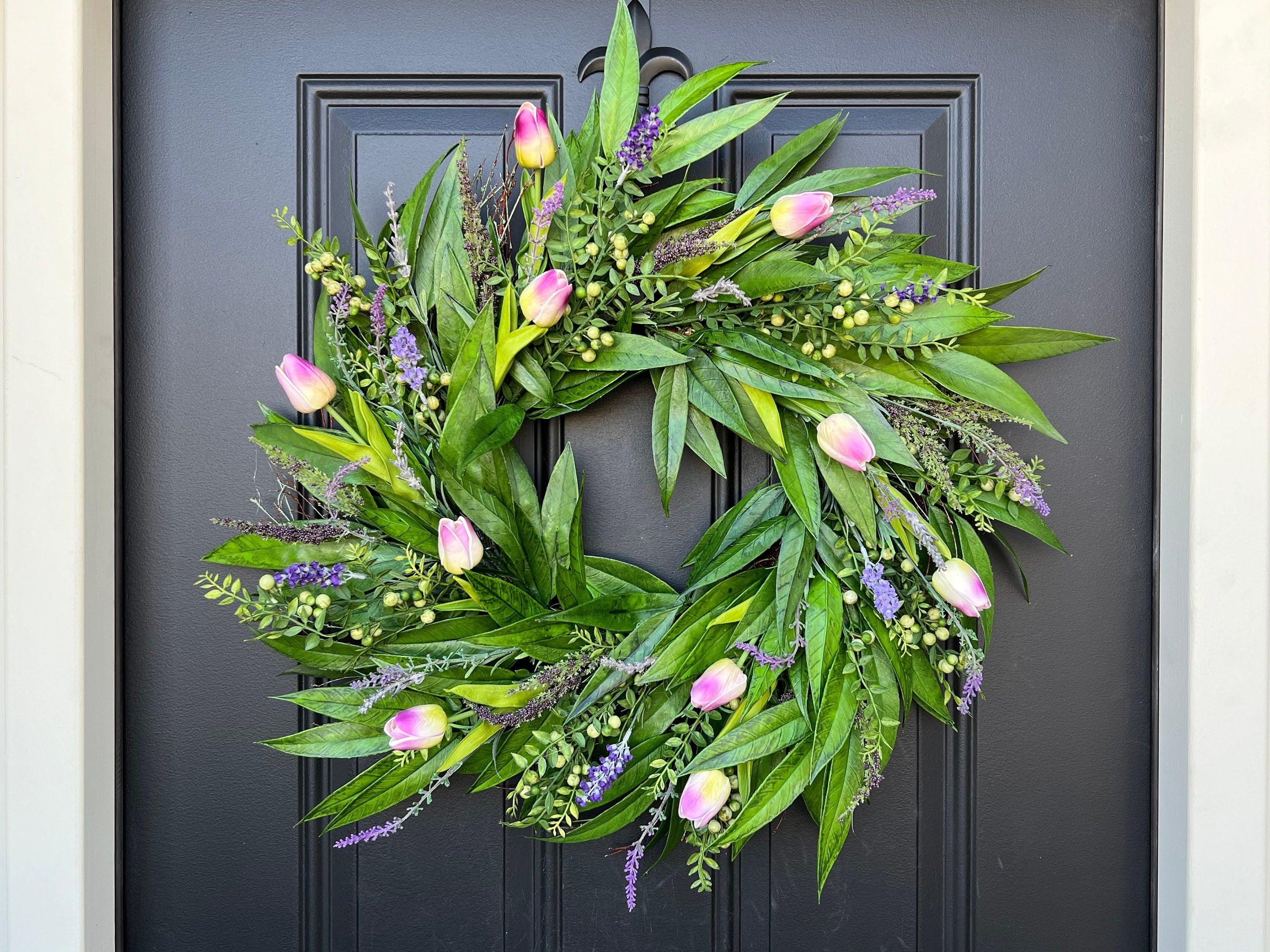 Spring Tulip, Willow and Wildflower Wreath with Bay Leaf