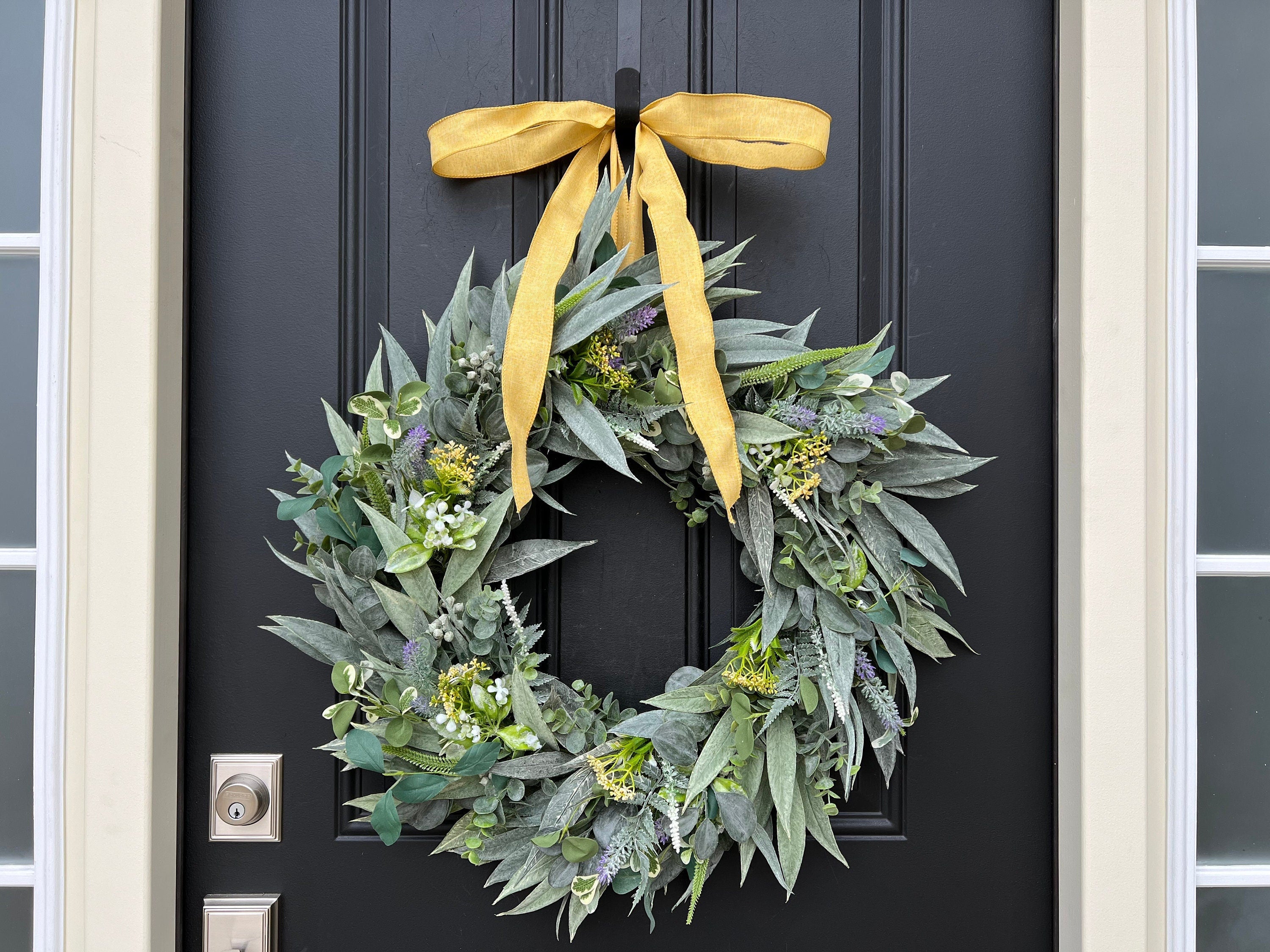 Summer Bay Leaf Wreath with Lavender and Yellow Wildflowers