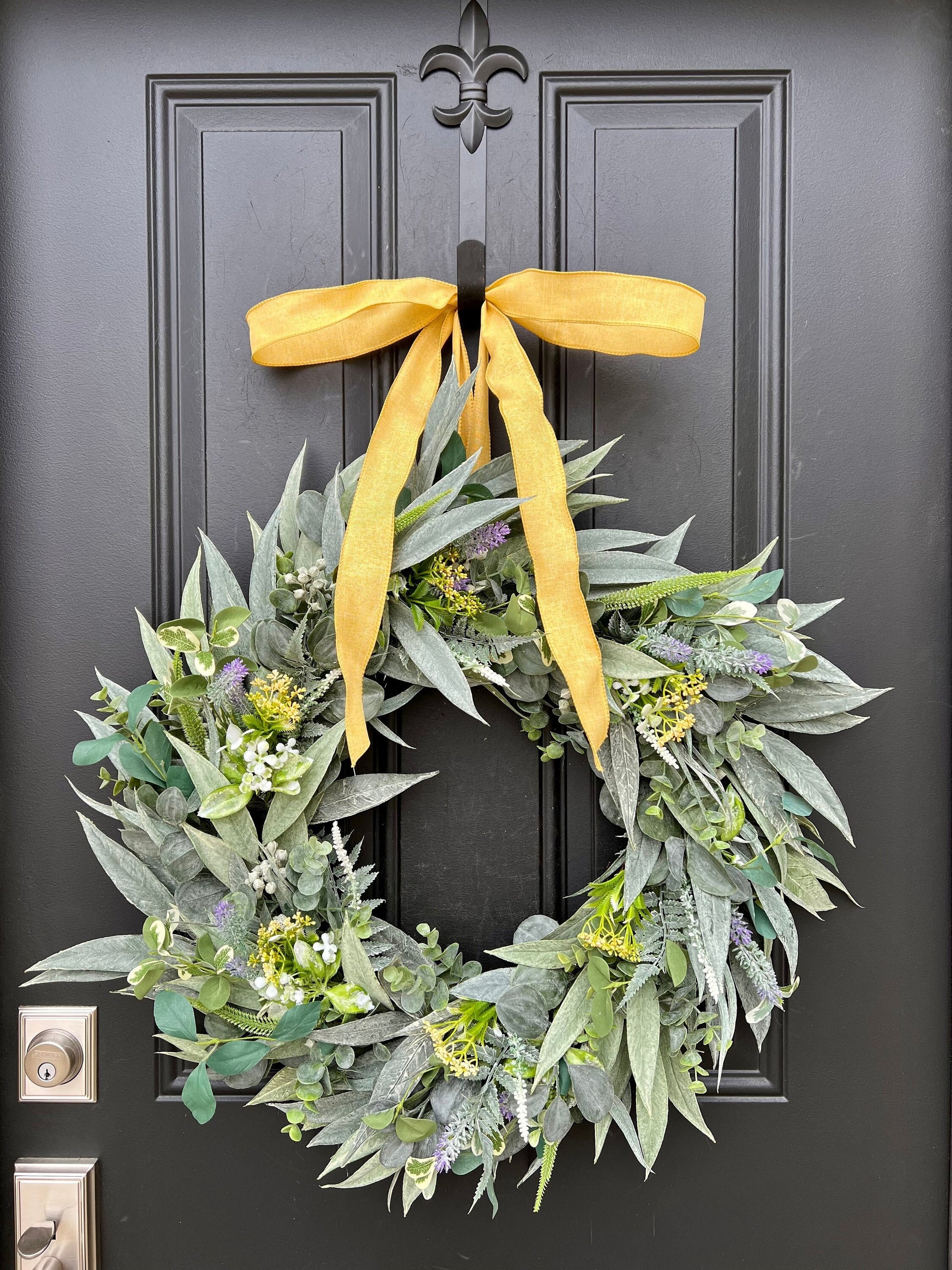 Summer Bayleaf Wreath with Lavender and Yellow Wildflowers