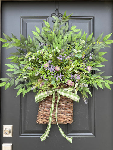 Purple Wildflower & Greenery Basket Wreath - TwoInspireYou