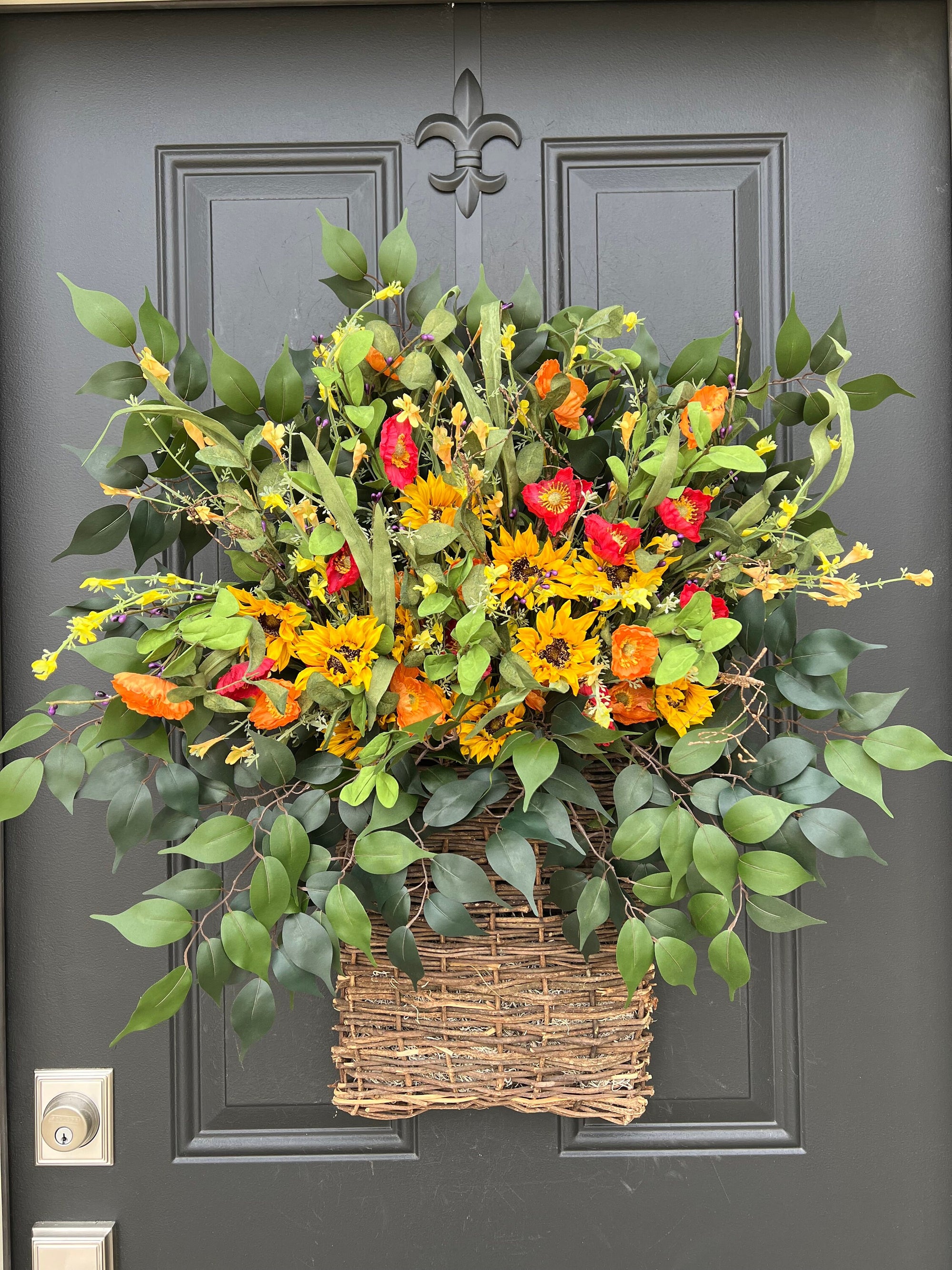 Cottage Sunflower and Poppy Basket Wreath, Ready to Ship