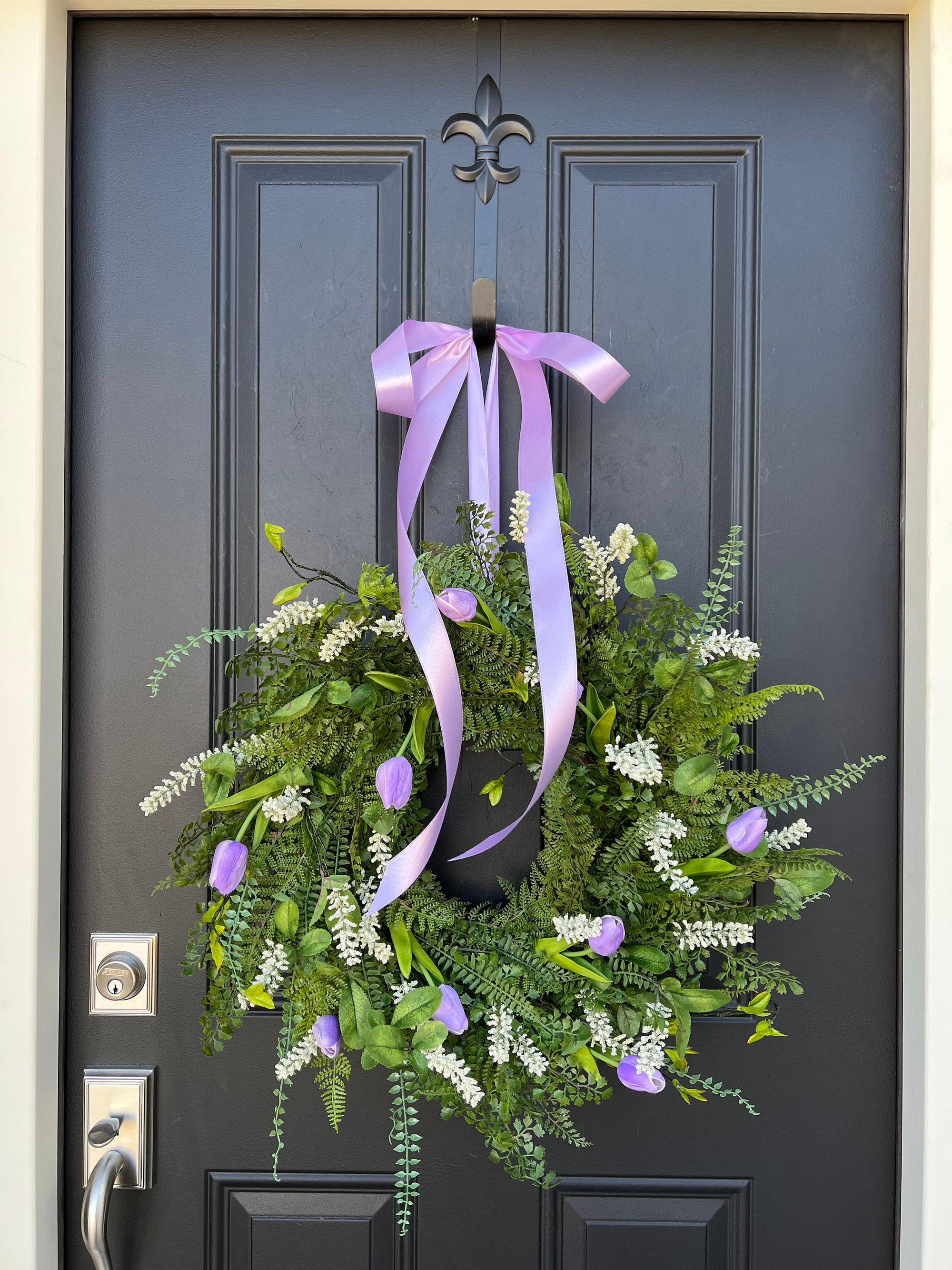 Spring Lavender Tulip Wreath with Cream Wildflowers and Fern