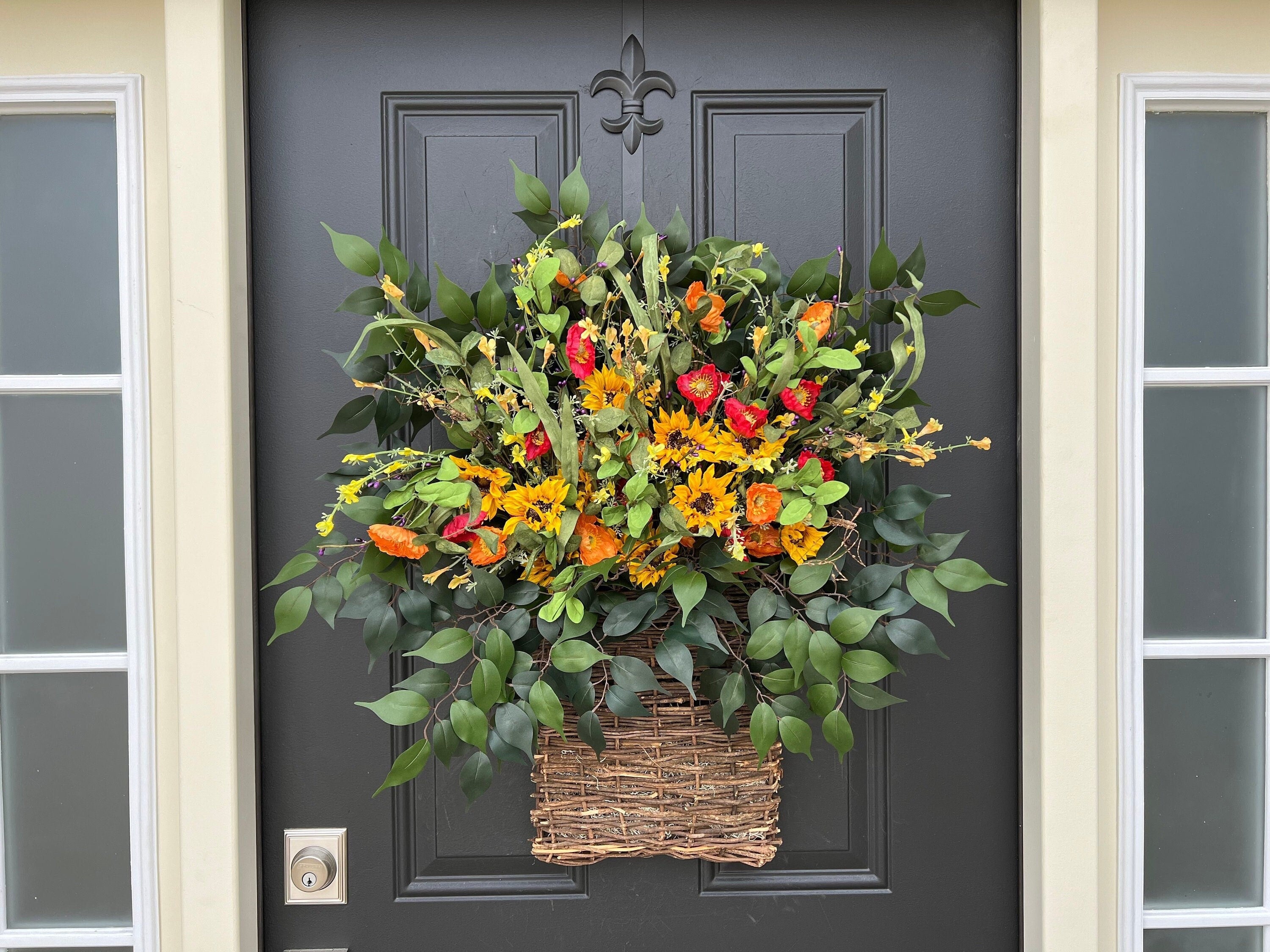 Cottage Sunflower and Poppy Basket Wreath