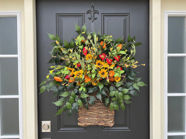 Cottage Sunflower and Poppy Basket Wreath - TwoInspireYou