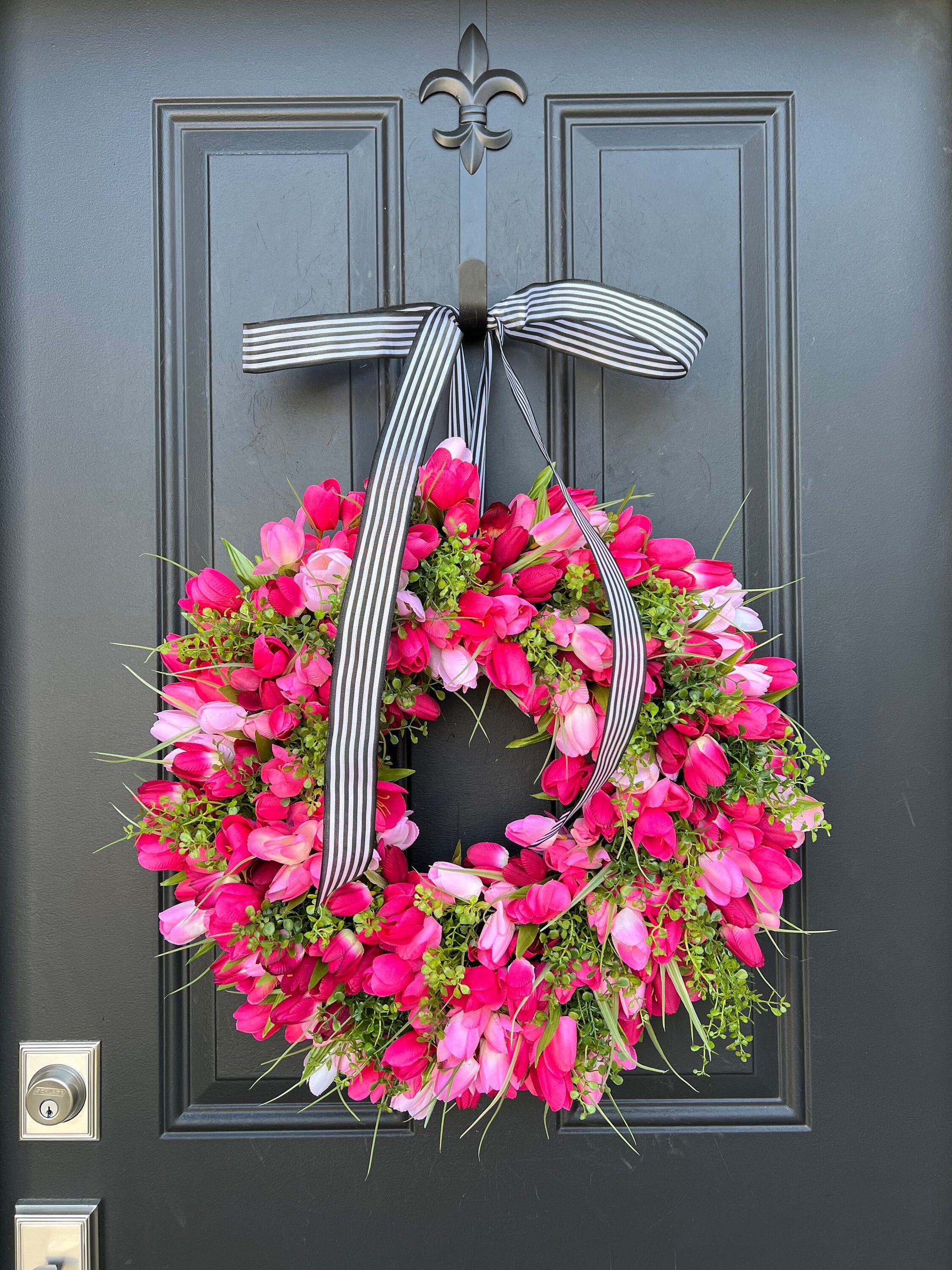 Bright Pink Tulip Wreath with Greenery