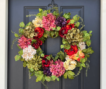 Colorful Bold Garden Wreath with Peonies, Hydrangeas and Dahlias - TwoInspireYou