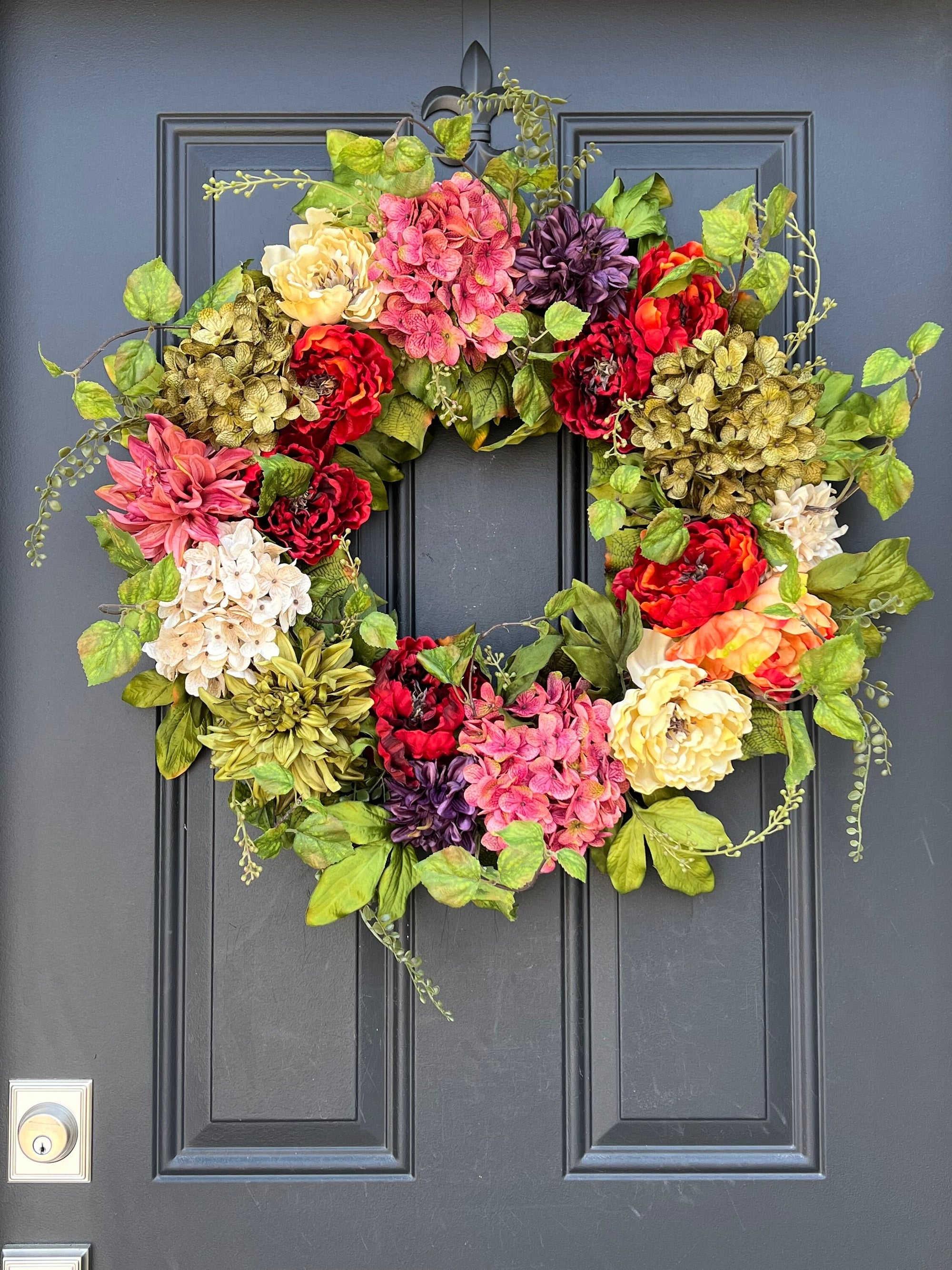 Colorful Bold Wreath with Peonies, Hydrangeas and Dahlias
