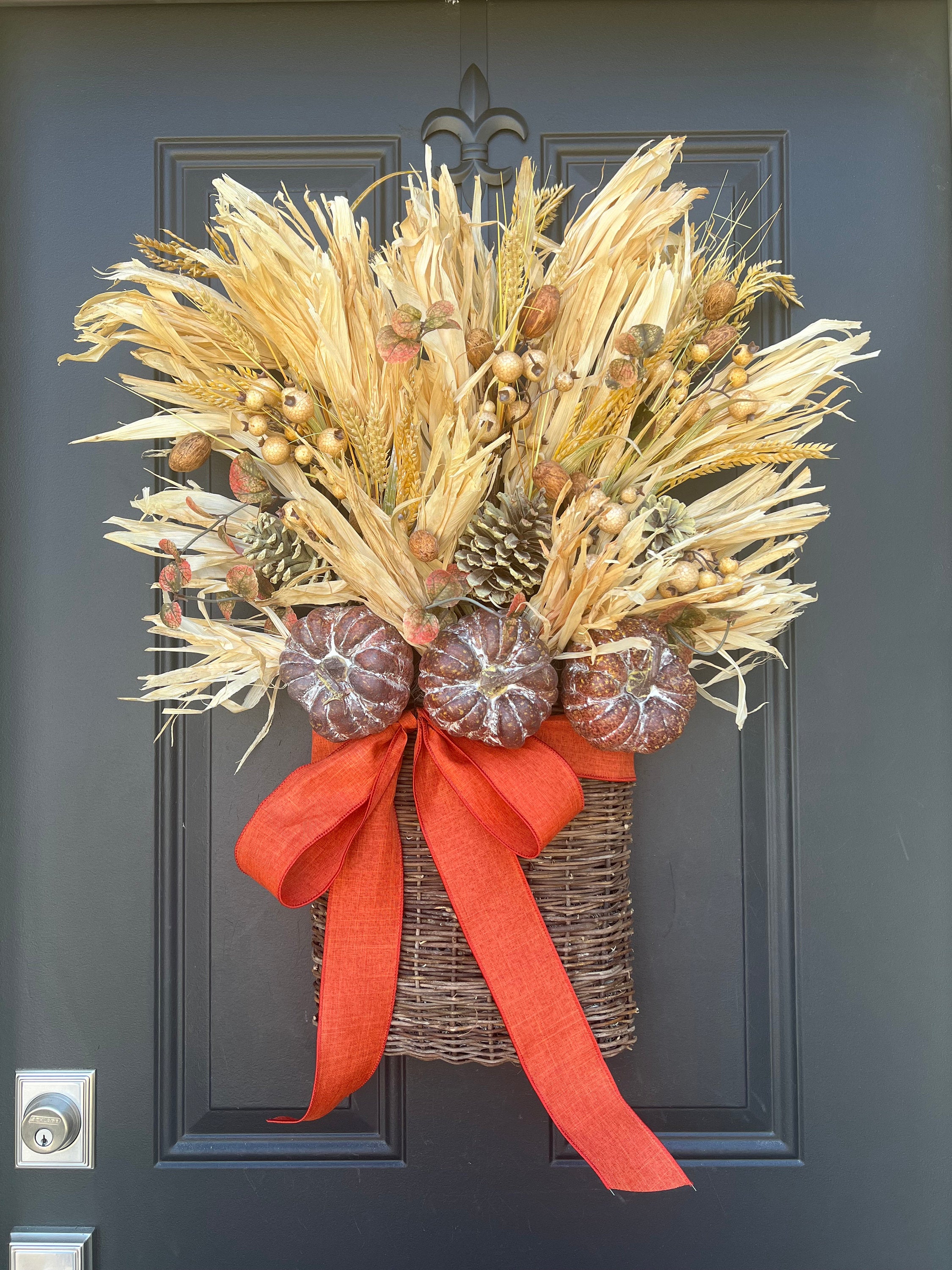 Farmhouse Fall Basket with Golden Wheat and Pumpkins