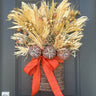 Farmhouse Fall Basket with Golden Wheat and Pumpkins - TwoInspireYou