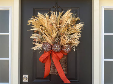 Farmhouse Fall Basket with Golden Wheat and Pumpkins - TwoInspireYou