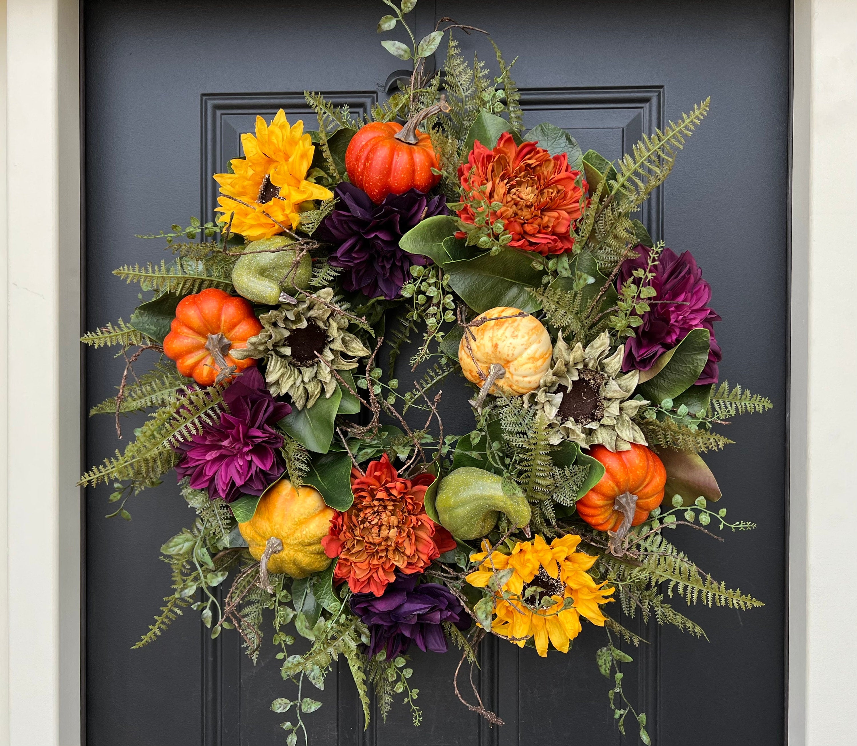 Autumn Wreath with Magnolia, Fern and Gourds