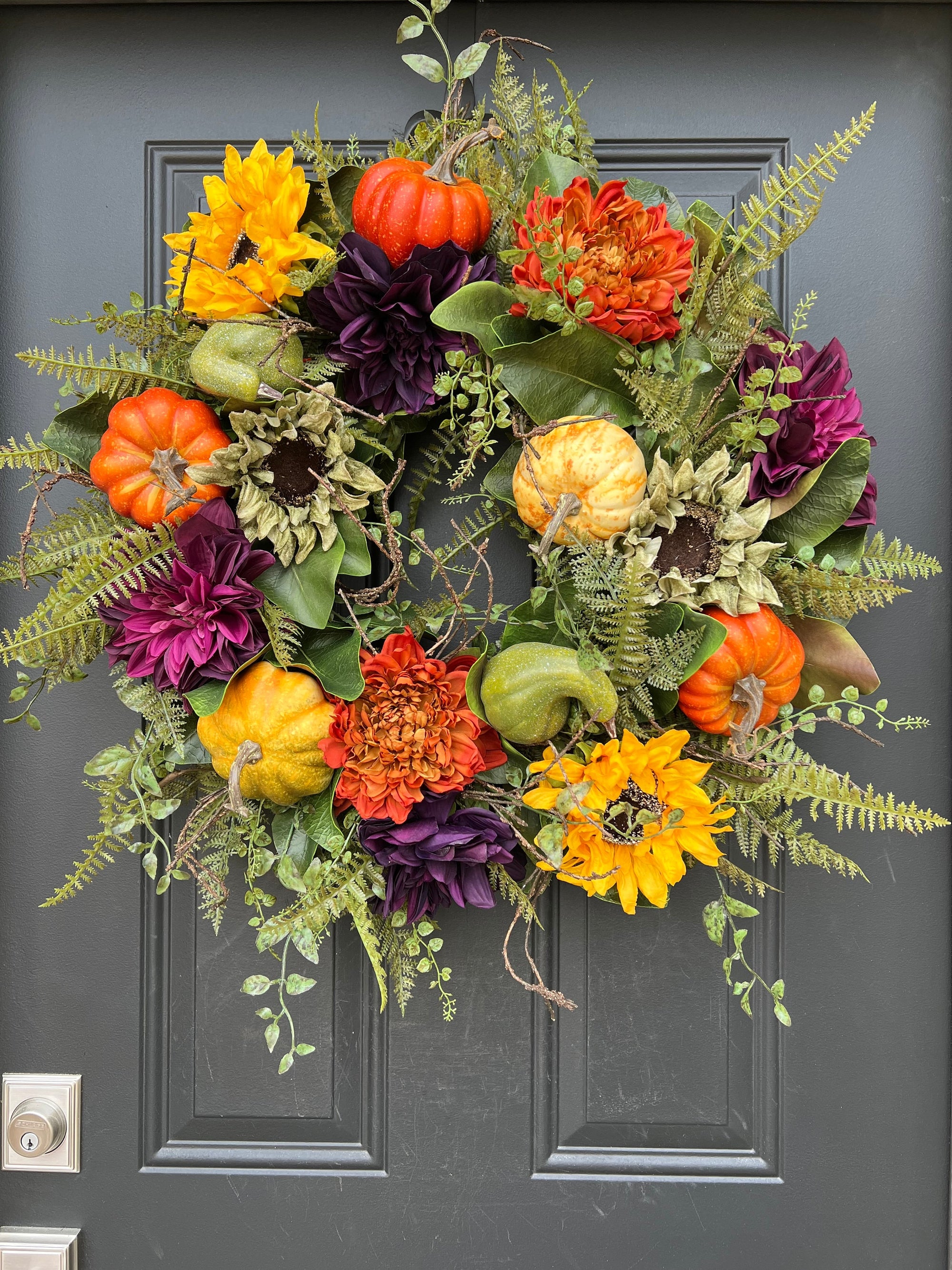 Autumn Wreath with Magnolia, Fern and Gourds, 26" Finished Wreath