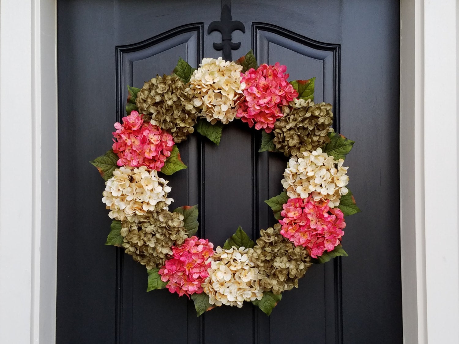 Preppy Sage, Cream, and Pink Hydrangea Wreath - TwoInspireYou