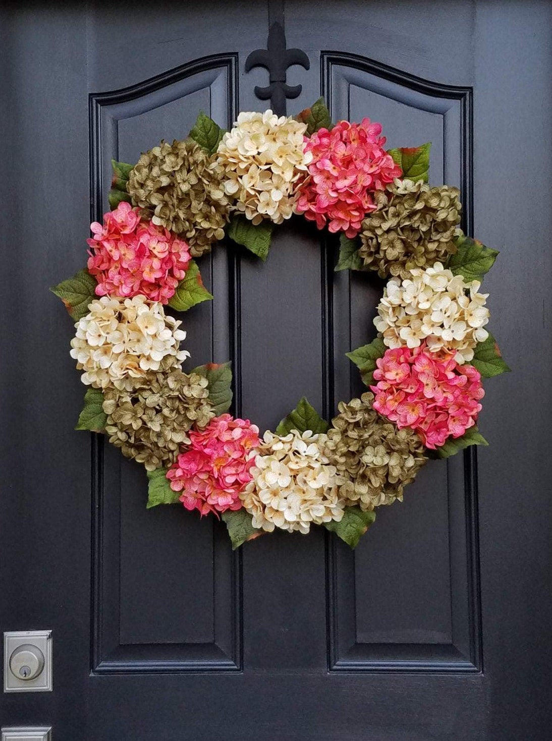 Preppy Sage, Cream, and Pink Hydrangea Wreath 