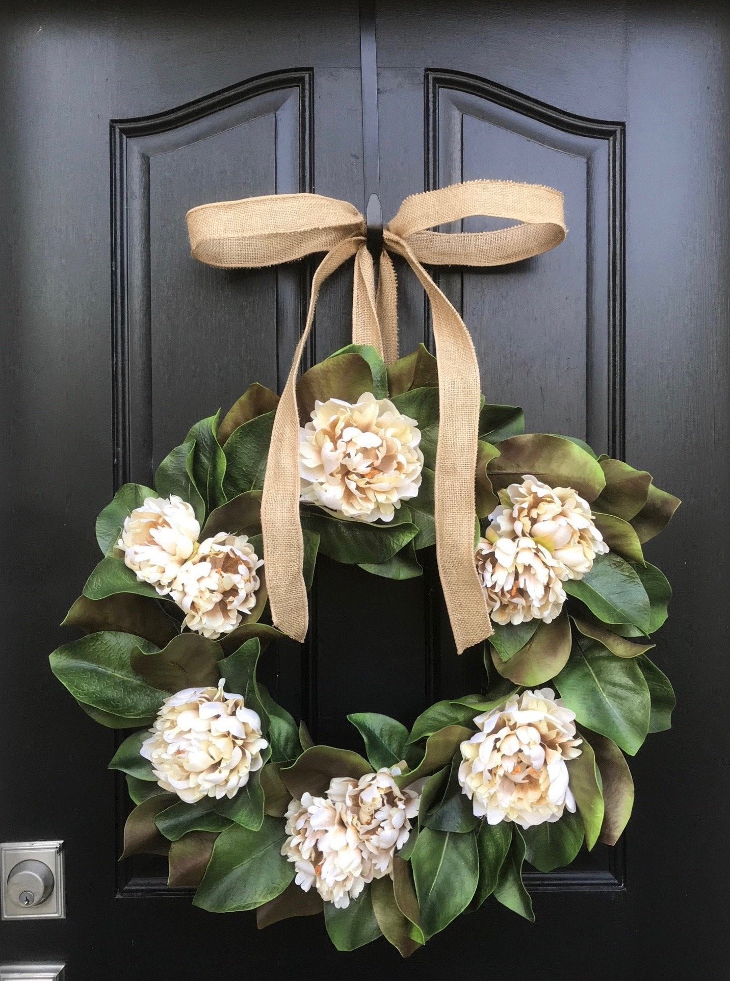 Magnolia Peony Wreath with Burlap